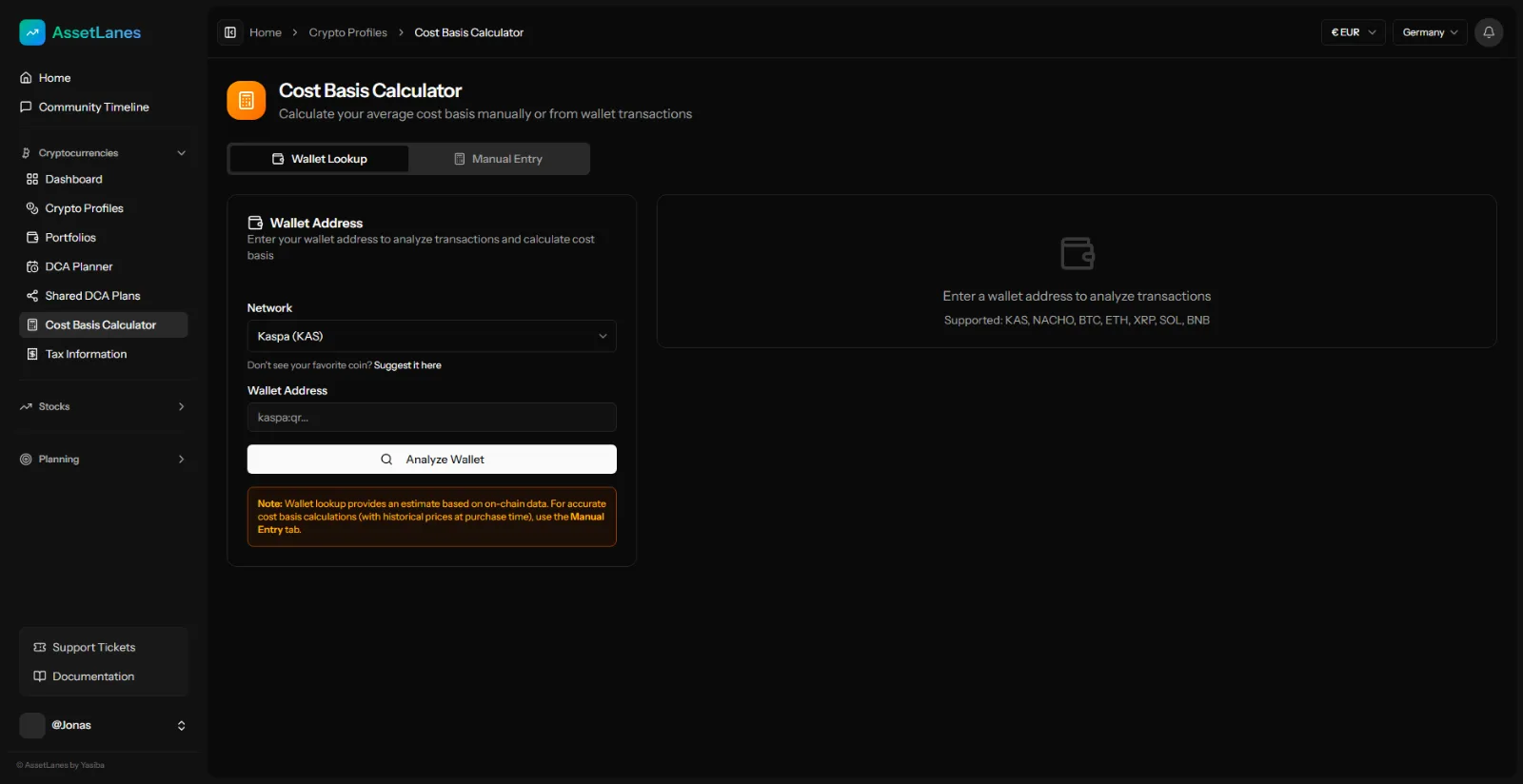 Cost basis wallet lookup
