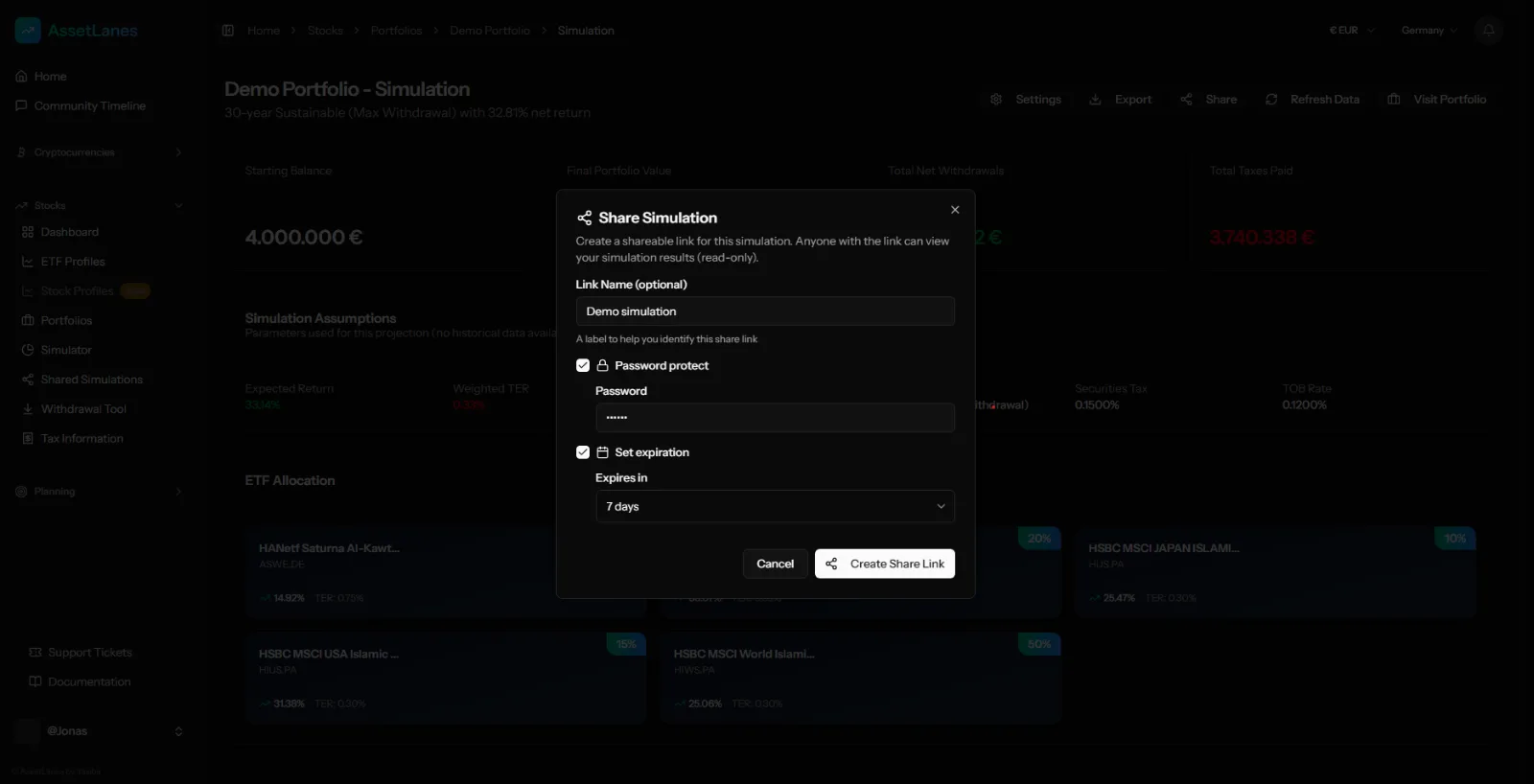 Share simulation dialog
