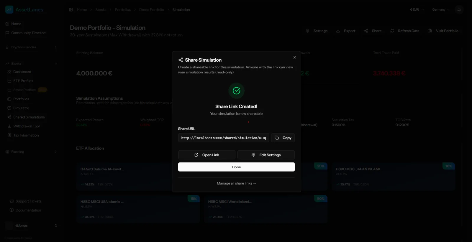 Share simulation link created