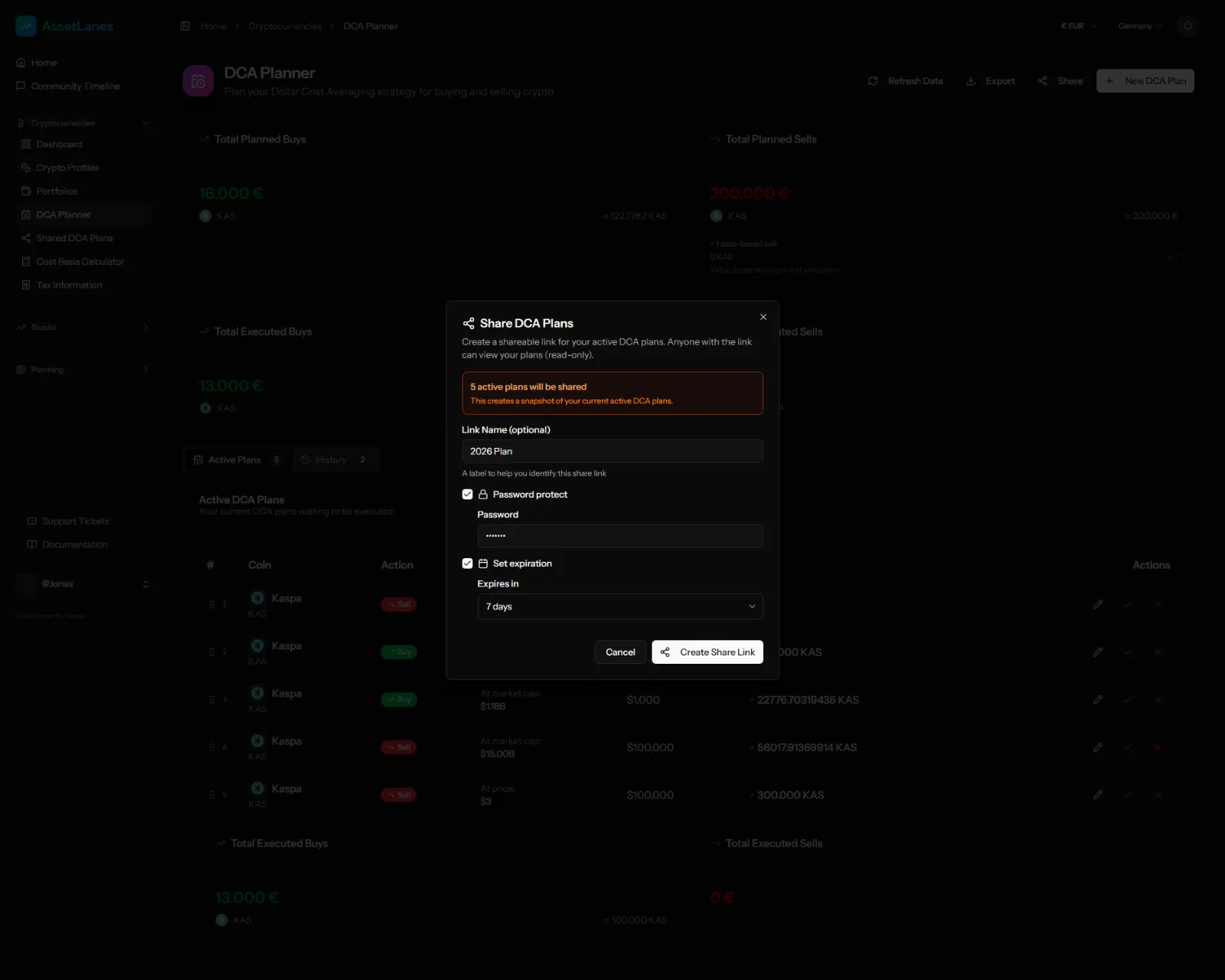 Share dca dialog