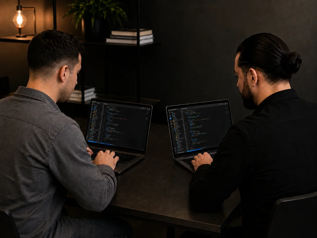 Two developers collaborating at laptops in a dark studio